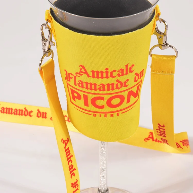 Custom sublimation printing drinks water bottle beer wine glass holder neck lanyard with neoprene cup cover sleeve