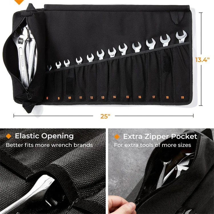 Factory Custom Hardware Tool Storage Bag Multi-pockets and One Zipper Pocket Roll Up Thickened Tool Bag
