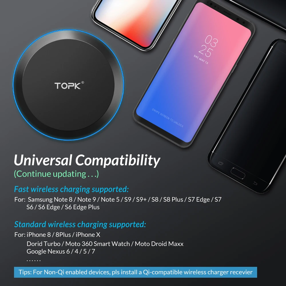 
Free Shipping TOPK Qi Fast Wireless Charger 10W Portable Silm Led Wireless Charger For Iphone 
