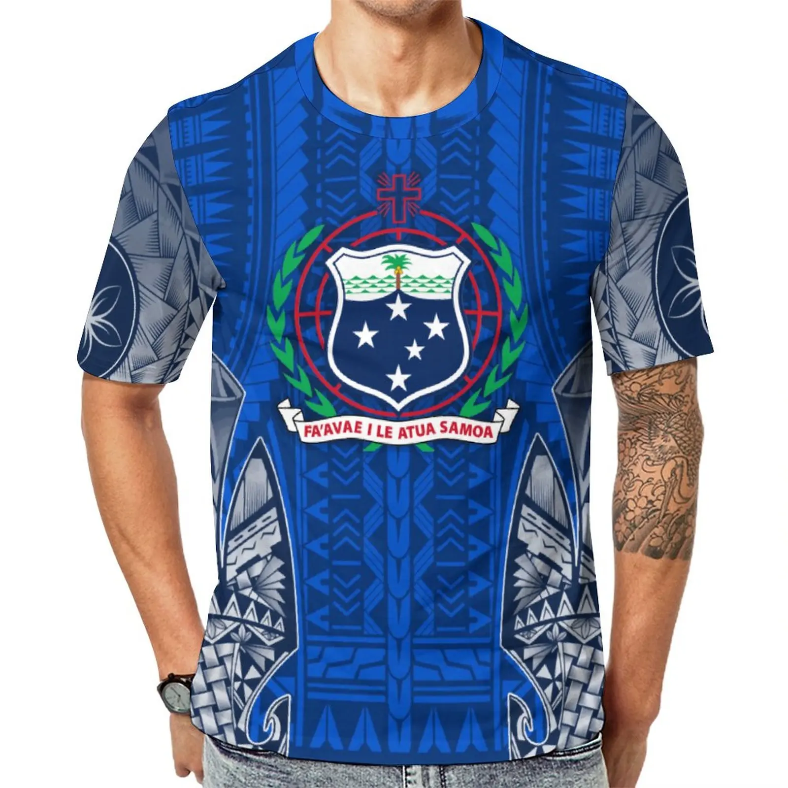 Toa Samoa T Shirts Custom Logo Blue And White T-shirts Polynesian Tribal Top Quality Short Sleeve Round Neck Blank Men Tee