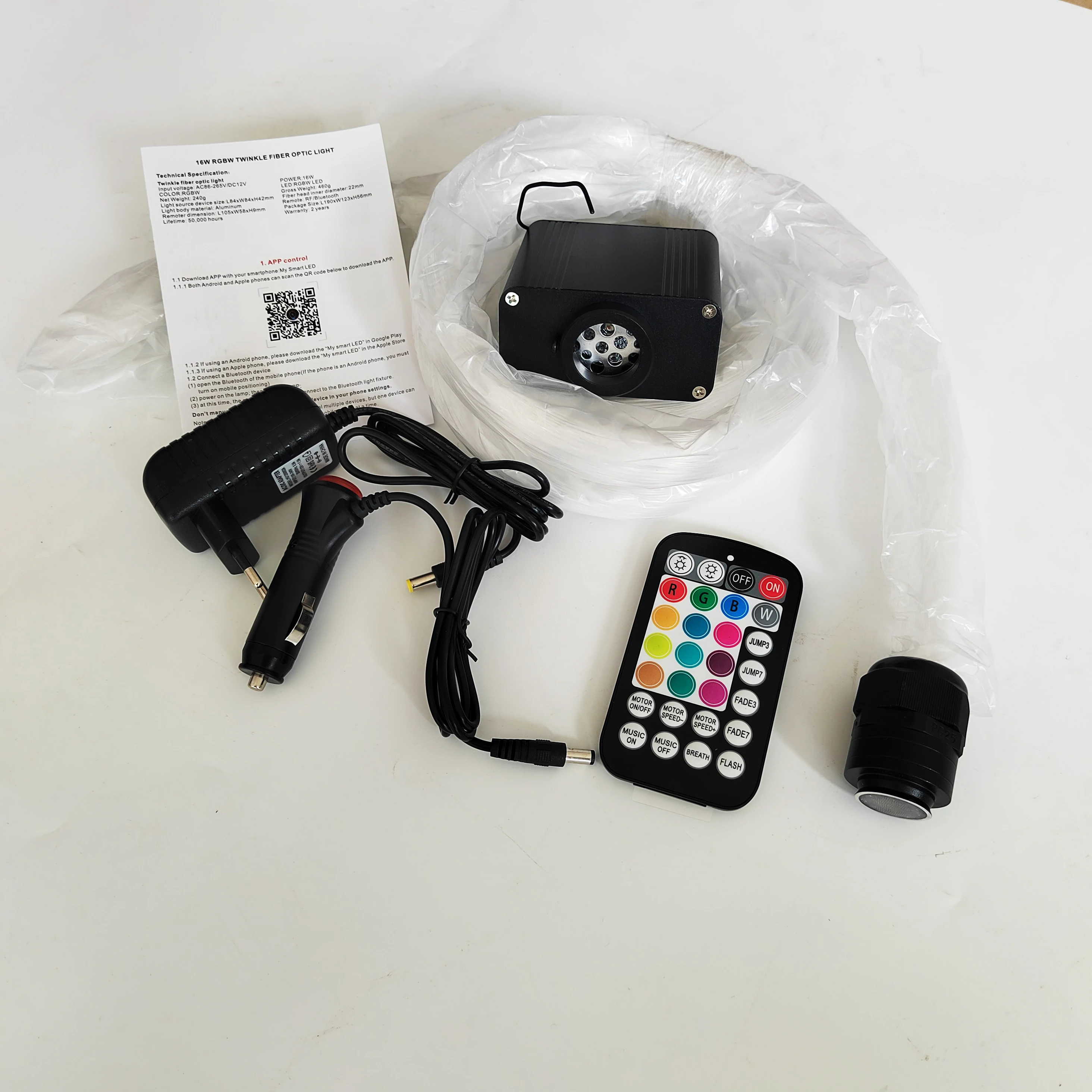 300pcs 0.75mm 2.5m/pcs 16W RGBW Twinkle Fiber Optic Lights Music + APP Control Star Ceiling Light Kit for Car & Home