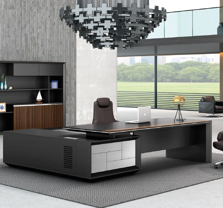 Popular melamine CEO excutive director table wooden color black color big side storage high end L shape table