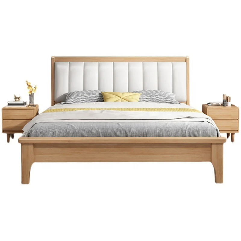 Nordic California Wooden Beds Fabric Solid Wood Frame Queen Size Up-holstered Beds