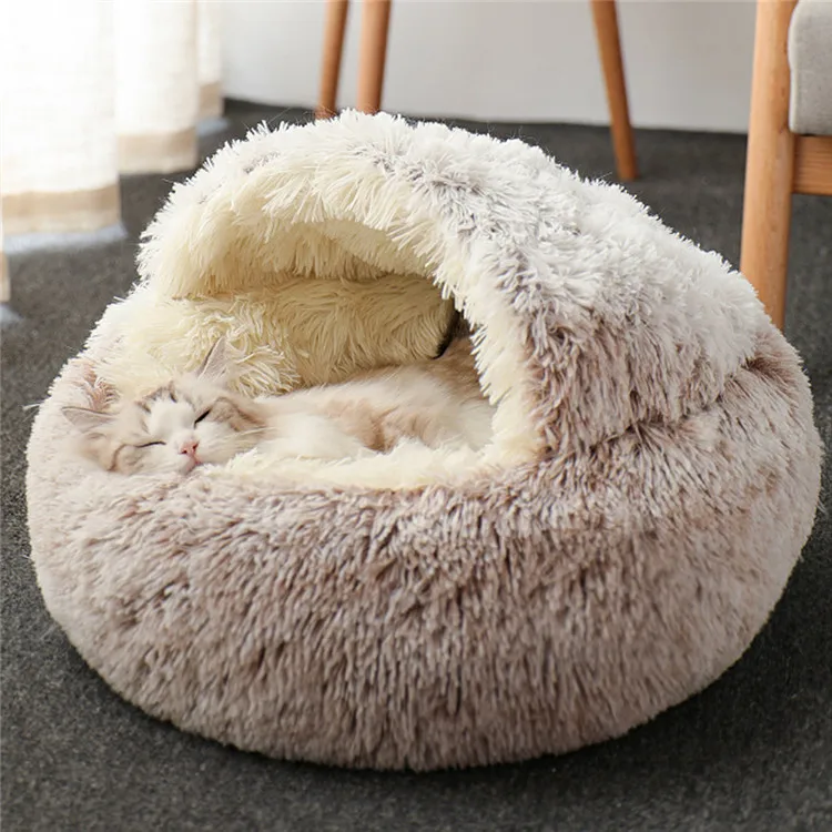 
Hot Plush Round Cat Bed Cat Warm House Soft Long Plush Pet Dog Bed For Small Dogs Cat Nest 2 In 1 Pet Bed Cushion Sleeping Sofa 