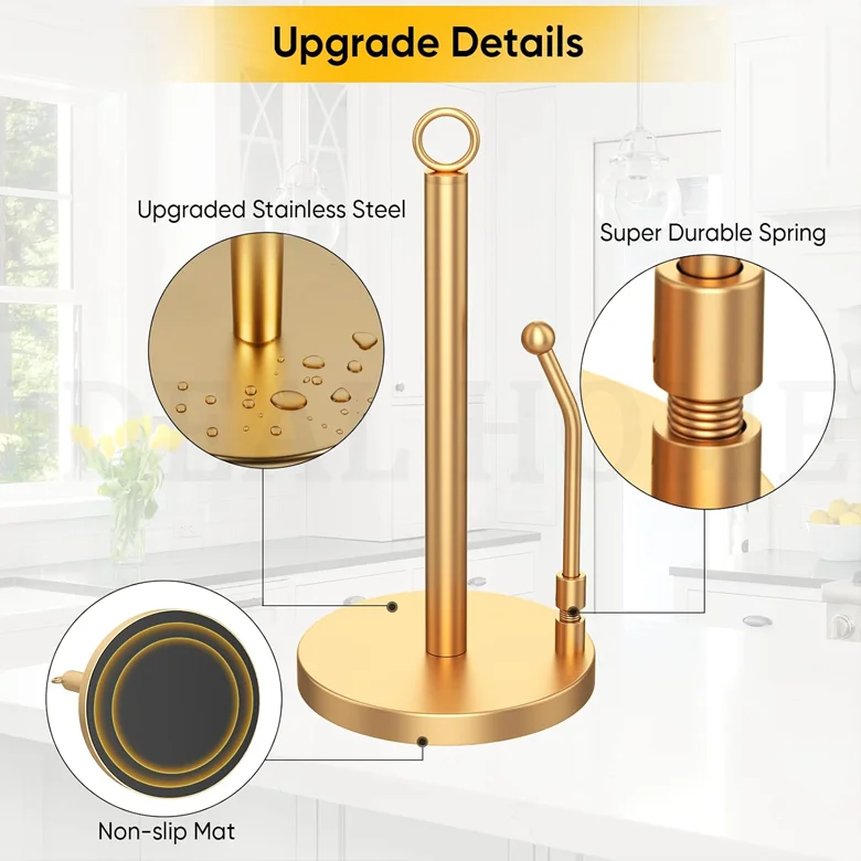 Gold Stainless Steel Paper Towel Holder with Weighted Base Non Slip and Spring Arm