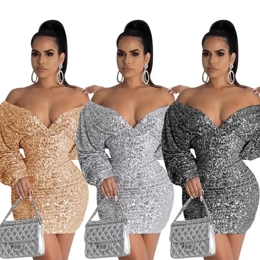 
2021 Sequined Women Long Sleeve Club Wear Dresses Sexy Bodycon Mini Dress Women Clothing YM 