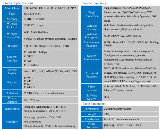 VDSL router with 1 WAN 4 LAN and RJ11  RS45 support FXS function