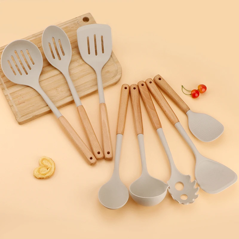Новое поступление, модный набор из 8 силиконовых кухонных принадлежностей с деревянной ручкой из бука, кухонные принадлежности, набор силиконовой посуды