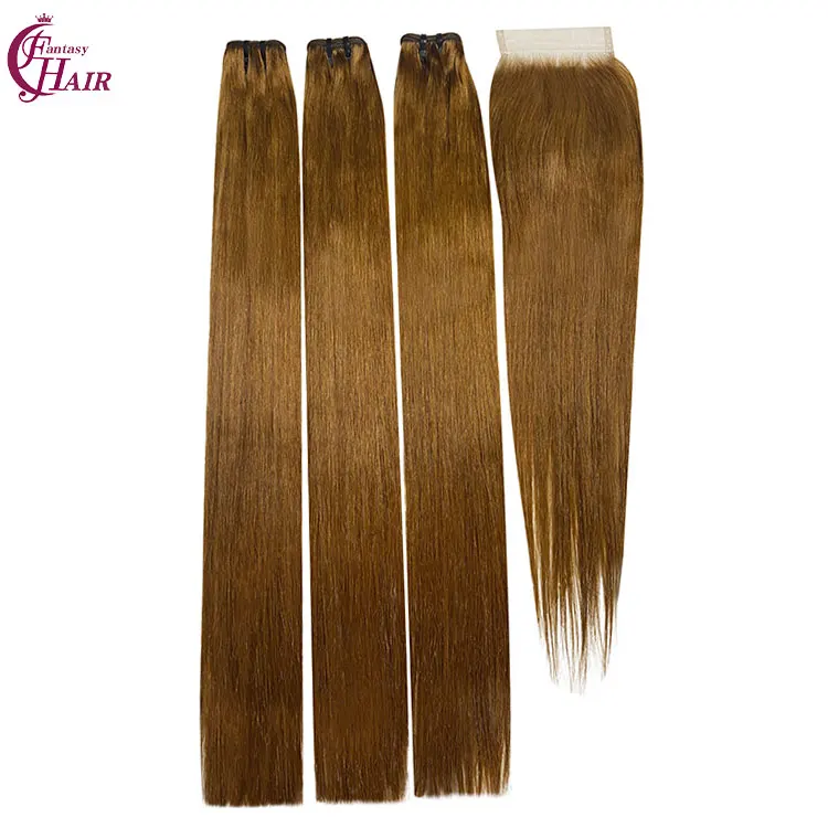 FH Double Drawn 3 Human Hair Bundle with Closure Set  4x4 Straight  Lace Closure 100% Real Hair Colored Machine Weft
