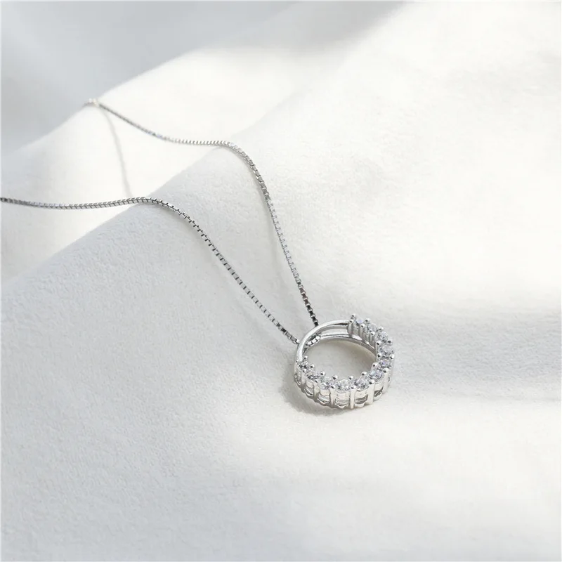 Fashion Jewelry 925 Sterling Silver Circle Pendant Necklace Geometric Cubic Zirconia Hollow Ring Pendant Necklace For Women