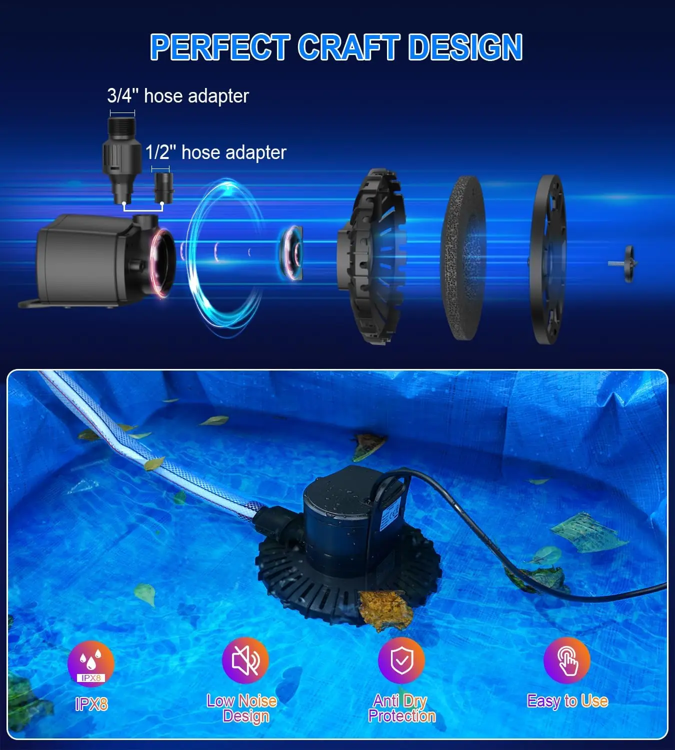 2400L/H Water Removal Pool Hot Tub Rooftop Water Bed Valve Adapter Submersible Water Pump Automatic Swimming Pool Cover Pumps