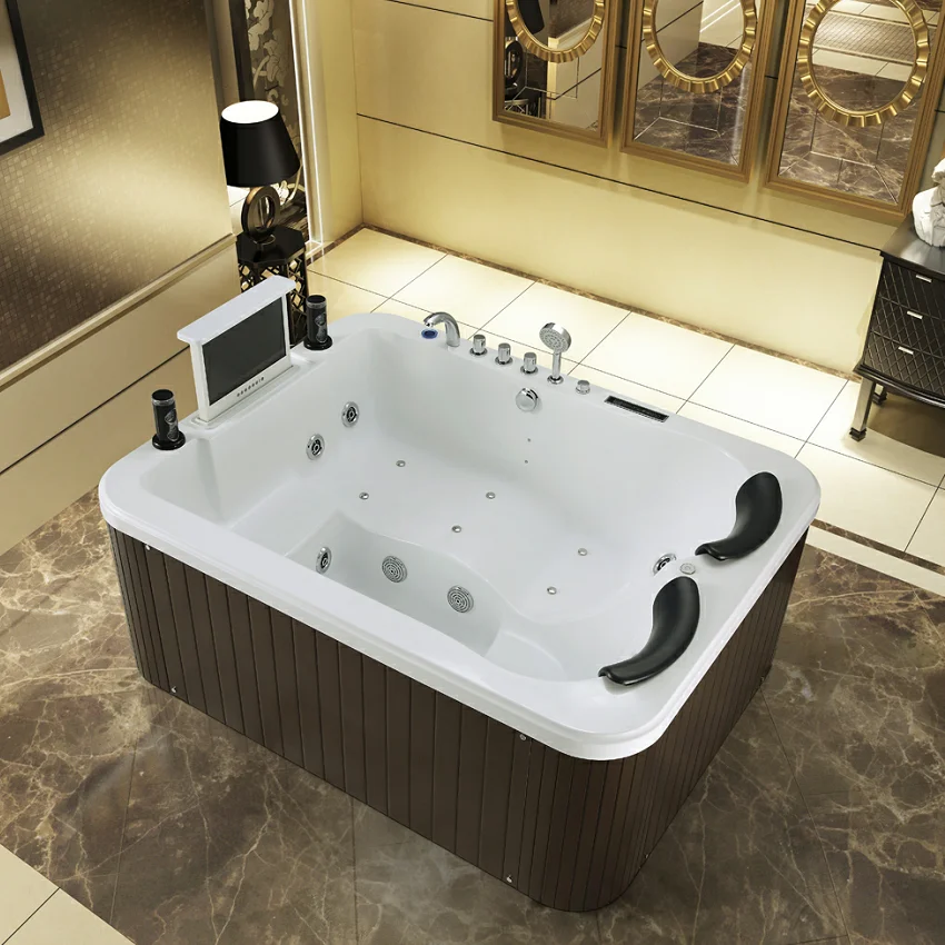 Massage Bathtub with TV Waterfall LED Light Air Bubble Computer Control Panel Two Persons Hot Tubs