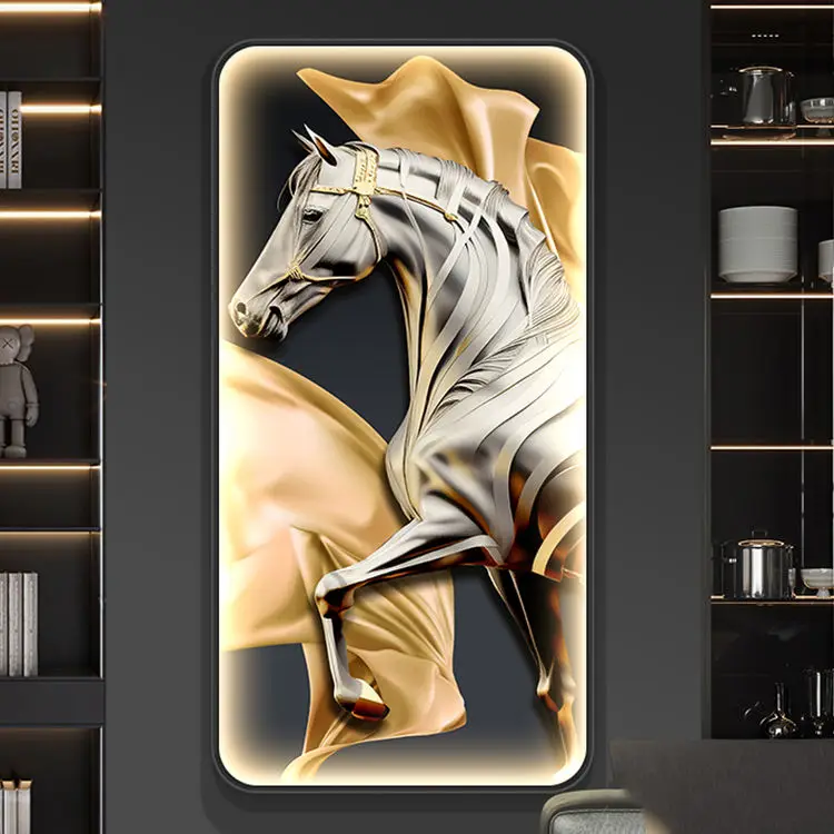 Light luxury round entrance decoration crystal glass LED picture frame horse painting wall frame art
