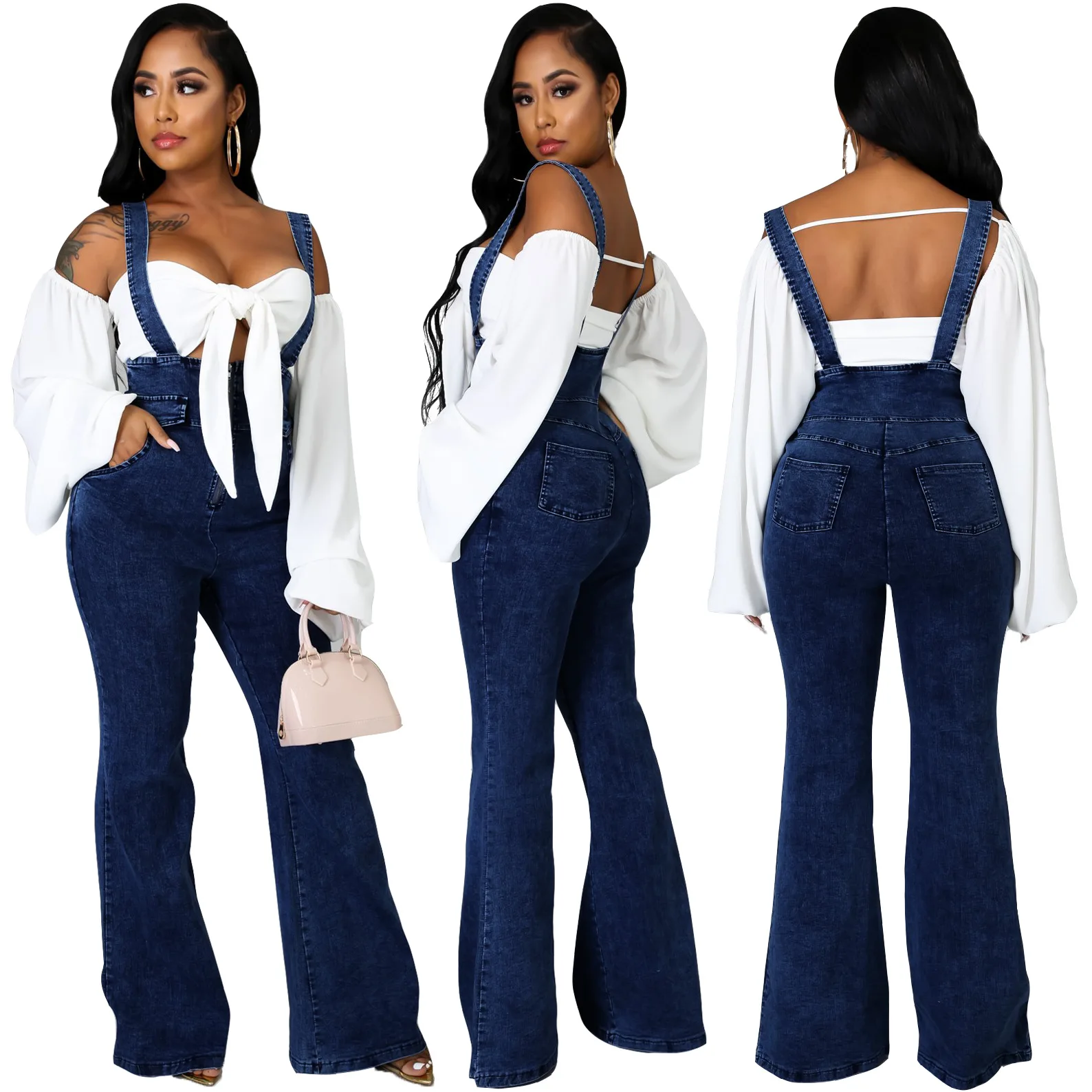2020 fashion lady slim fit denim dungarees casual micro flare jeans design women jeans jumpsuit