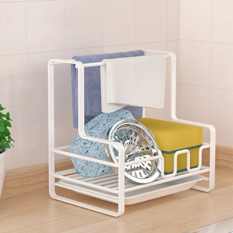 Multi-functional Carbon Steel Kitchen Sink Shelf Soap Sponge Drain Rack Towel Hanging Holder