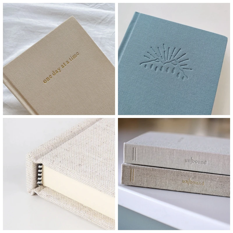 Пользовательские льняной журнал в твердом переплете с золотой фольгой штамповки логотипа A5 тканевые дневники блокноты