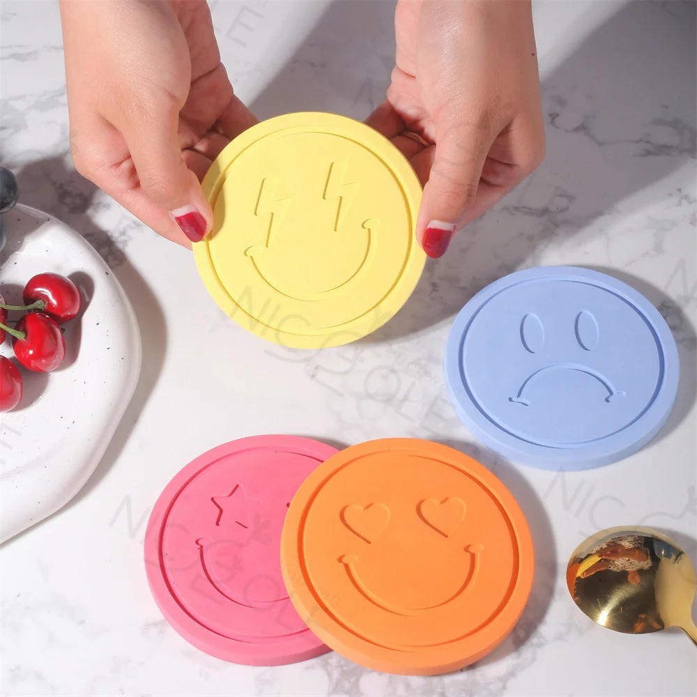 Nicole Handmade Emoticon Smiling Face Tea Cup Pot Saucer Mould Resin Cement Concrete coaster Silicone Molds