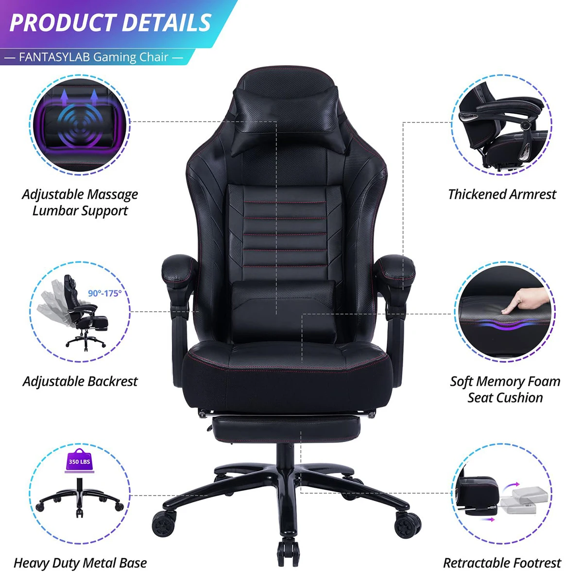 new design reclining gamer chair with footrest Bluetooth massage gaming chair black leather