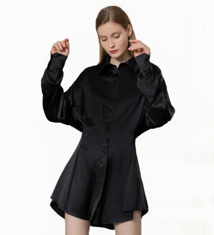 2021 pure silk satin 100% real silk waisted dress women office casual long sleeve silk shirt dress