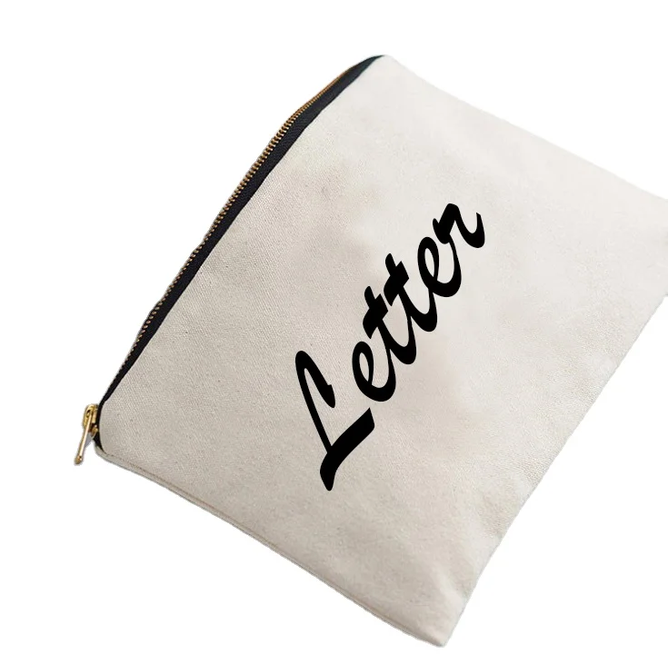 High Quality Custom Letter Print 12oz 100% Cotton Canvas Makeup Organizer Cosmetic Bags With Metal Zipper