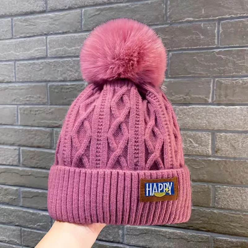 Best seller Korean version new artistic warm woolen fashion simple ball knitted beanie hats rabbit fur winter hats with pompom