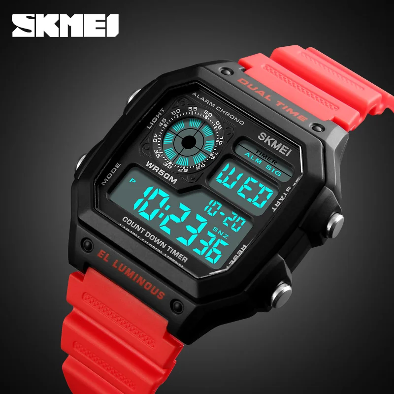 1299 skmei hot sale 50M Waterproof  Plastic Wrist Watch Retro Square  Multifunction Clock digital watches men