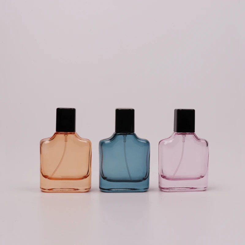 Custom spray color 30ML oblate empty flat glass perfume bottle with black lid