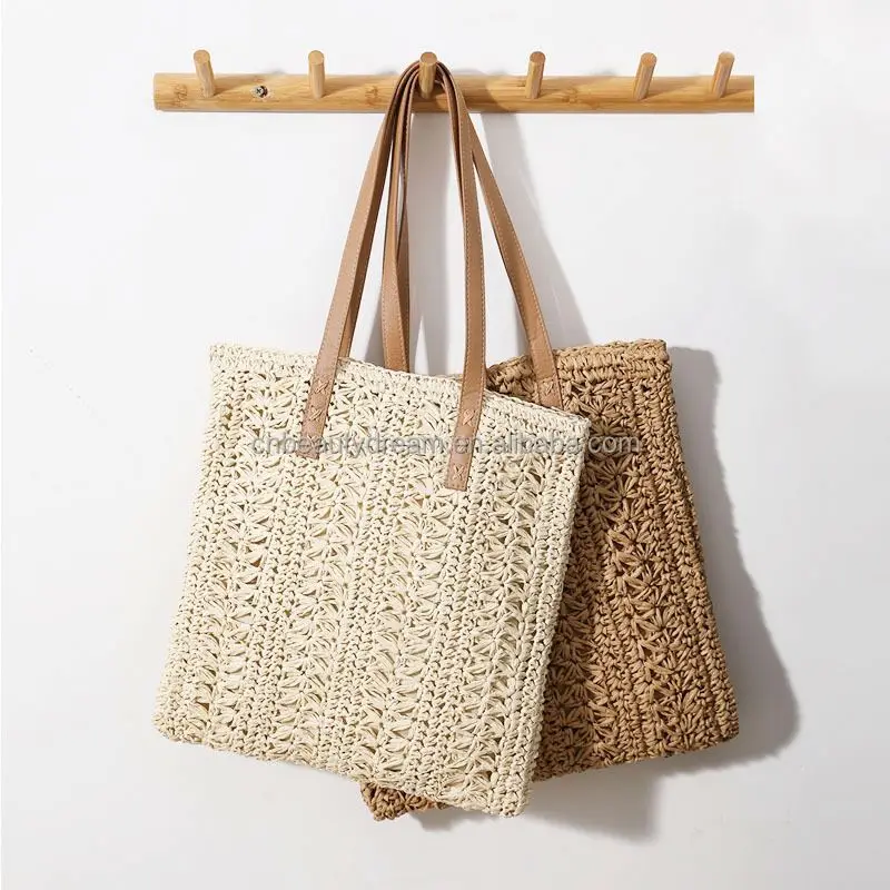 Hot fashion handmade crocheted brown paper straw backpack with cotton rope straps