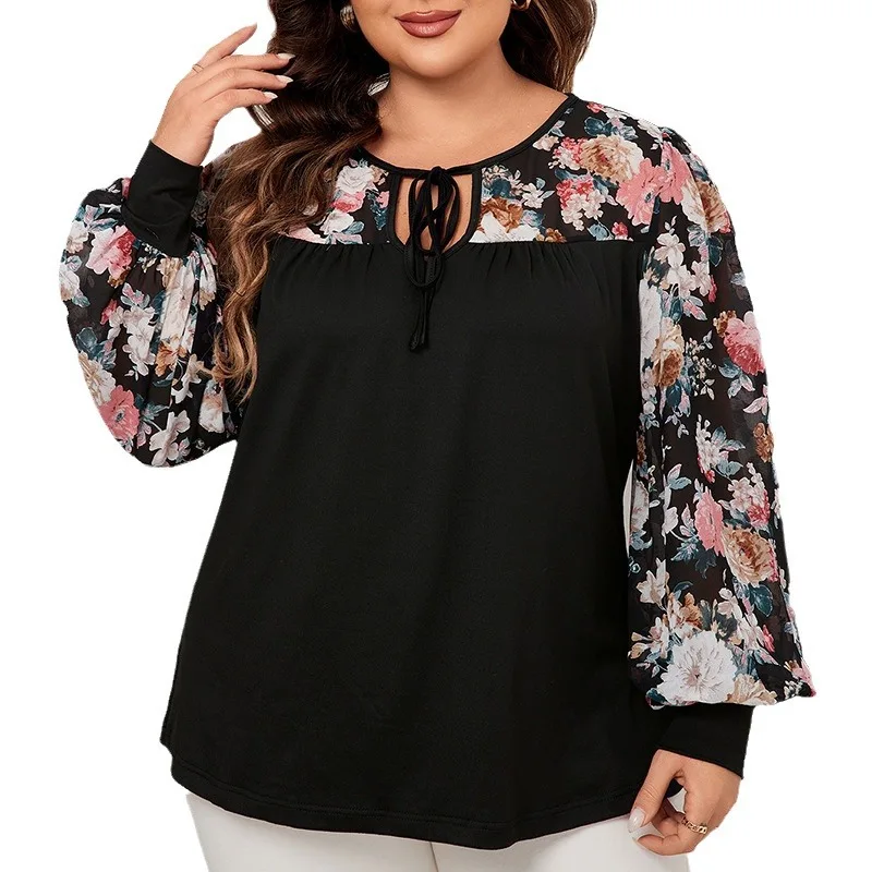 Printed round neck shirt high quality new Plus size tops for women slimming loose long sleeved shirts OEM