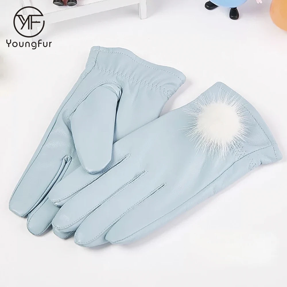 Girls Custom Made Luxury Real Mink Fur Ball Genuine Leather Gloves for Winter