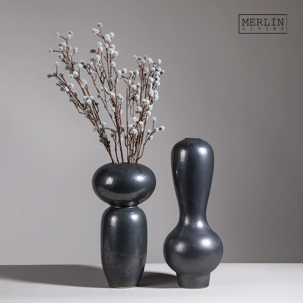 Merlin Living Vase Accessories living room Vintage Nordic Modern Flower Vase Metal Glazed Porcelain Round Shape With CeramicVase