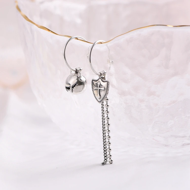 Wholesale 100% S925 Sterling Silver Earrings retro rock little Warcraft cross shield Silver Chain Earrings Jewelry for women