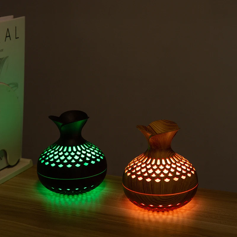 Portable 300ml Wood Grain 7 Color Led Night Light Ultrasonic Mini Flower Humidifier For Home Bedroom Office