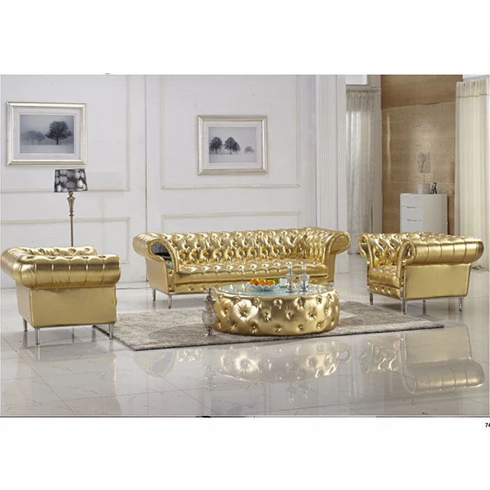 Modern style commercial furniture luxury golden sofa seater sofa set for KTV solid wood frame leather furniture sets