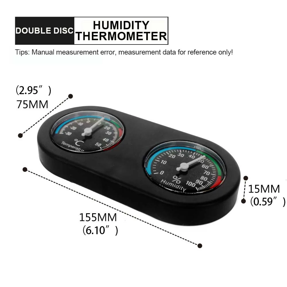Black Plastic Double Dial Mechanical Induction Thermometer and Hygrometer for Reptile Terrariums