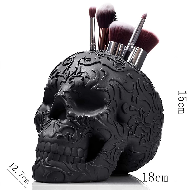 Customized Luxury Resin Gothic Decor Ornament Christmas Skull Storage Holder Makeup Organizer Makeup Brush Skeleton Bucket
