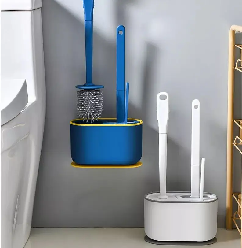 High Quality Flat Head Soft Bristles Silicone Toilet Cleaning Brush With Holder Bathroom Accessory