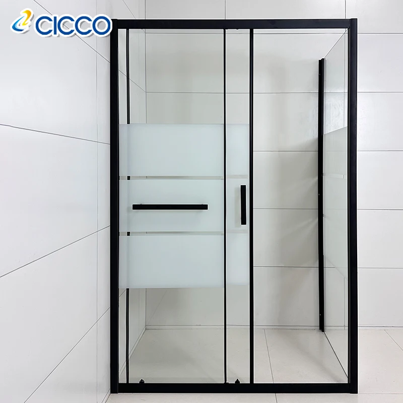 China Factory Black Rectangle  Sliding Door Shower Enclosure 6mm Clear Tempered Glass with 3  Line Frosted  Shower room