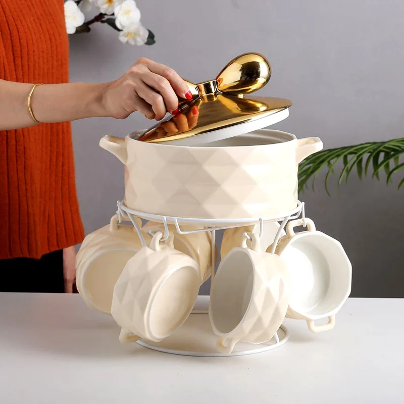 
Hot Sale Wholesale Bowknot Diamond Check Creativity Ceramic Soup Bowl Set 