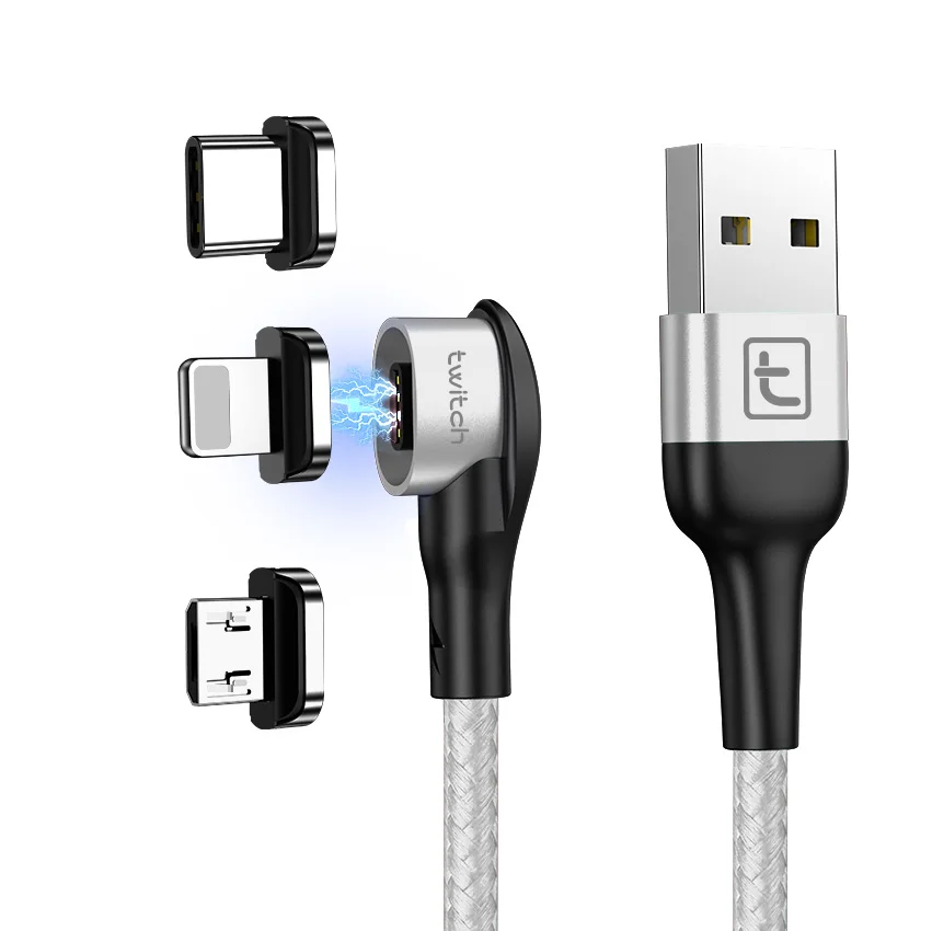 Бесплатная доставка, сплав, светодиодный кабель для быстрой зарядки, 3А, 90-локоть, магнитный usb-кабель для передачи данных для мобильного телефона