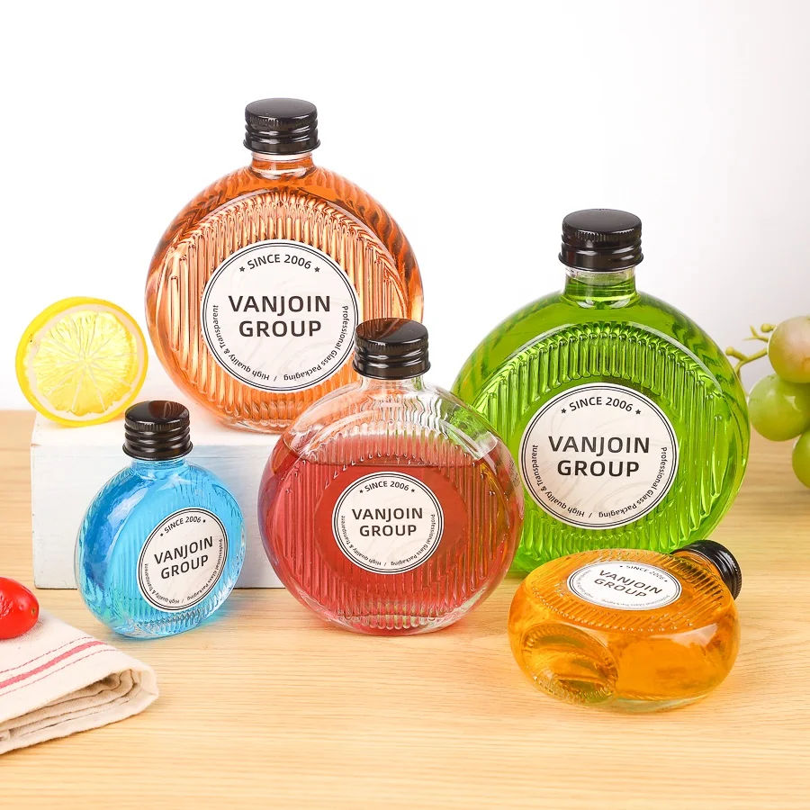 Vertical Line 50ml to 500ml Flat Round Glass Juice Drinking Bottle With Aluminum Screw Cap For Cocktails Tequila Fruit Wine