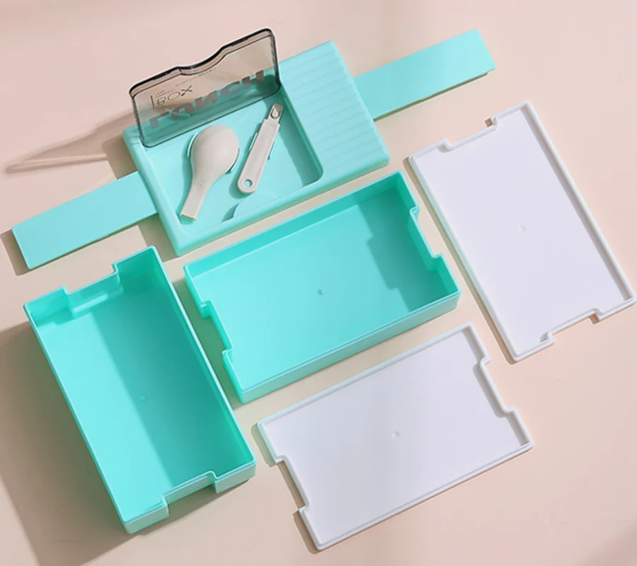 1.2L Stackable Plastic Lunch Box with Side Lock Lid and Spoon, Dual Tiers Double Layers Bento Container