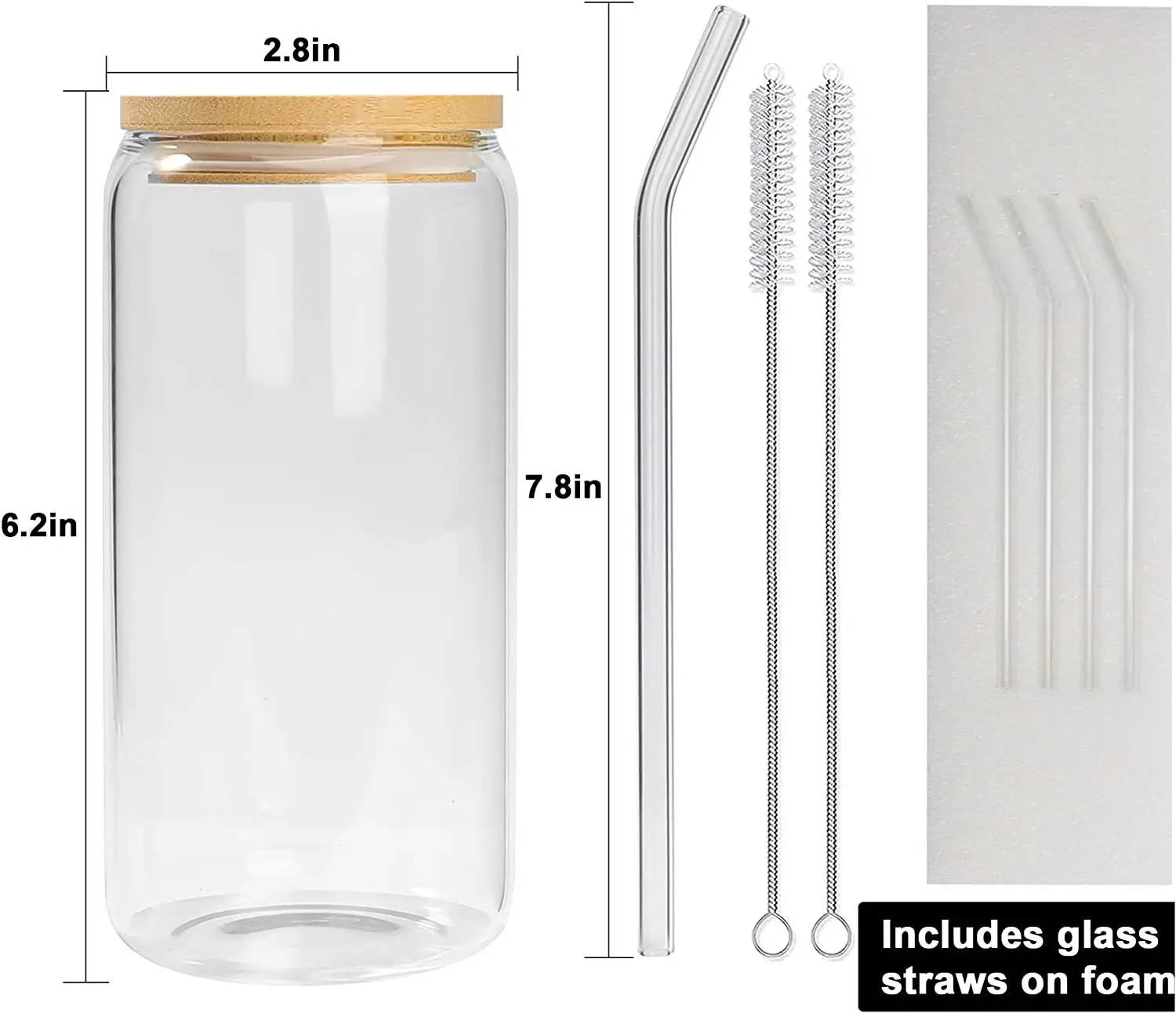 Beer Can Shaped Sublimation Blank Glass Cups with Bamboo Lids and Glass Straw Coffee Drinking 16 oz Glass Jar Tumbler with Straw
