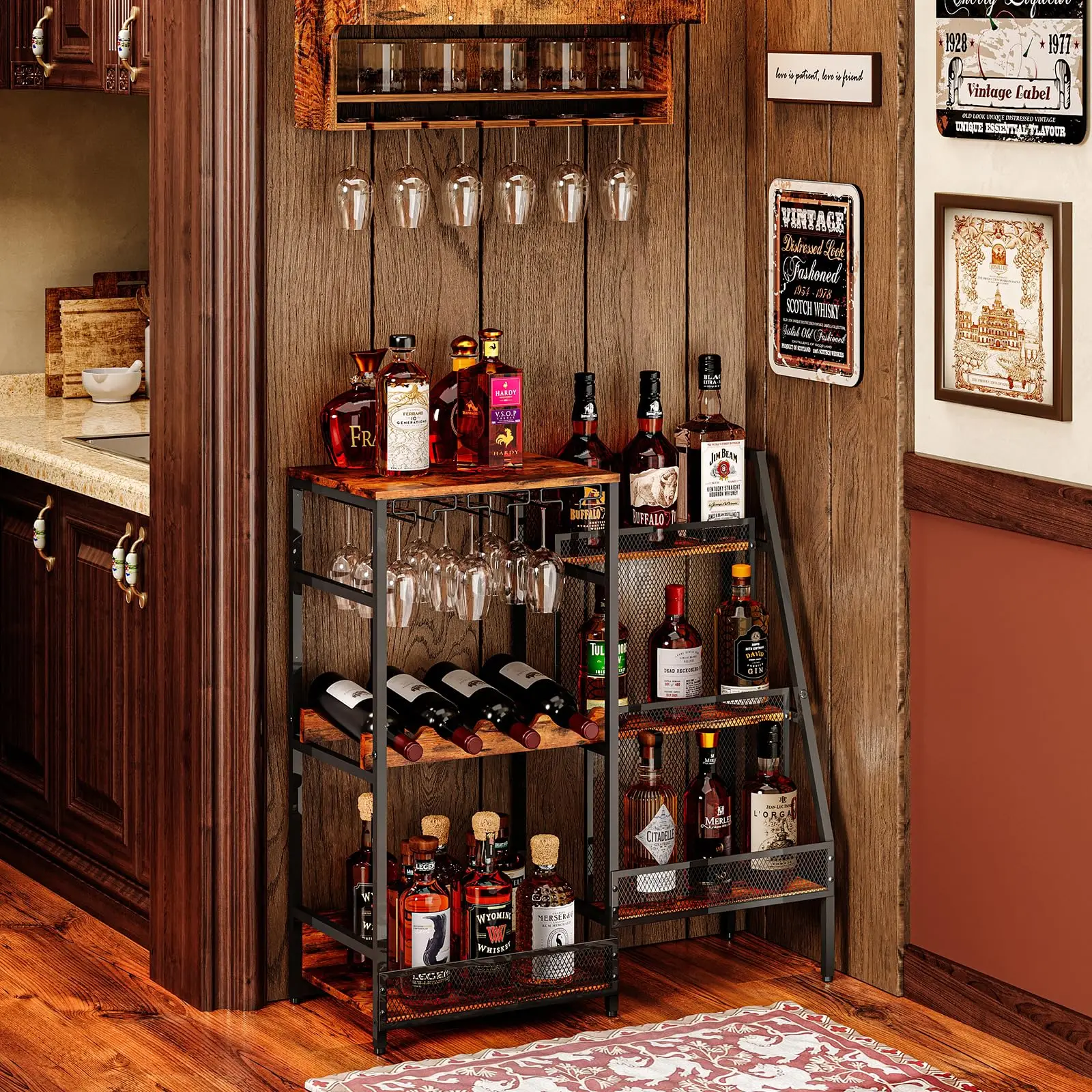 Home Bar Mini Bar Table 3-Tier Trapezoidal Liquor Bottle Display Shelf Freestanding Floor Wine Rack
