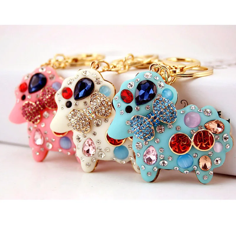 Cute Lovely Zodiac Sheep Keychain Opal Resin Rhinestone Crystal Lamb Key Ring Purse Bag Car Trinket Women Animal Jewelry Gift