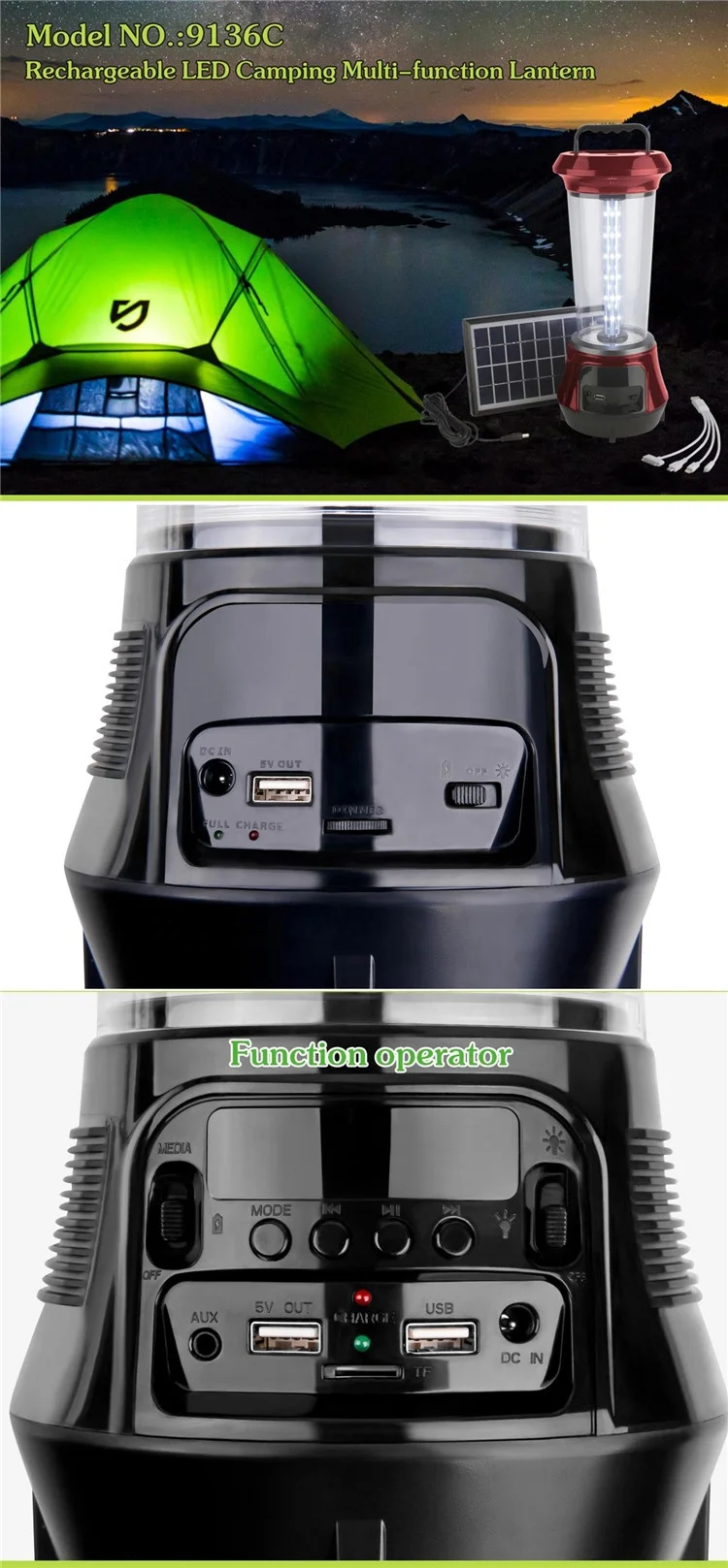 teyoza rechargeable emergency solar stand light camping lantern with media and radio