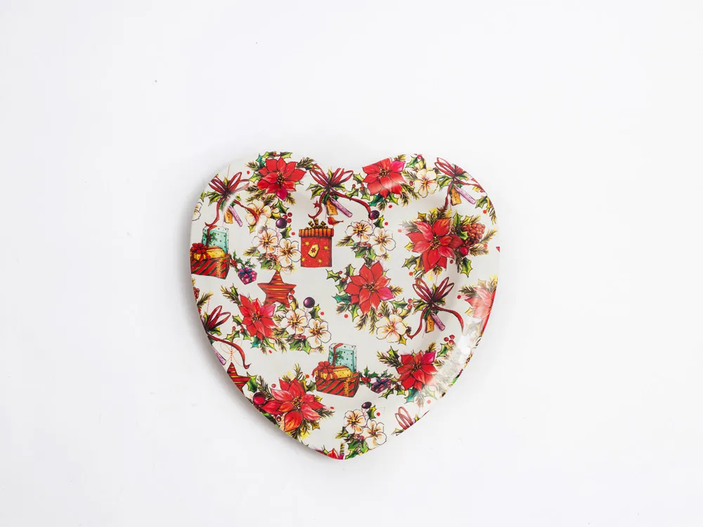 Heart shape plastic serving tray,western design christmas printed holiday plastic serving tray