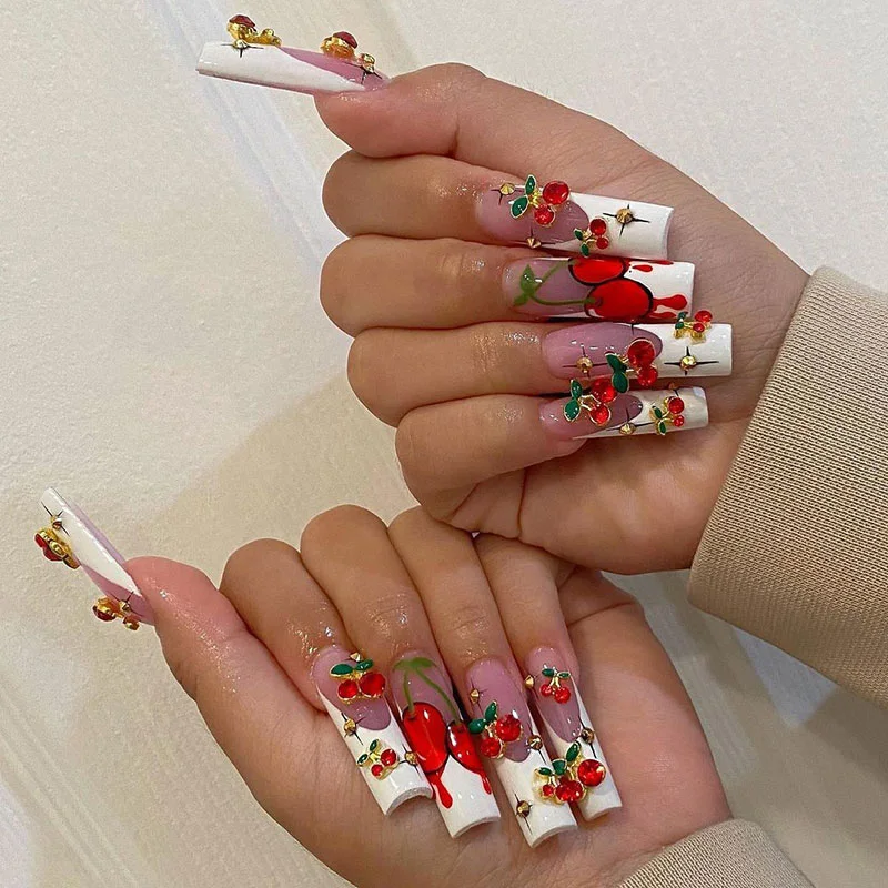 TSZS Hot Sale 3D Metal Cherry Nail Charms Red & Pink Cherry Nail Rhinestone Fruit Jewelry Nail Wholesale