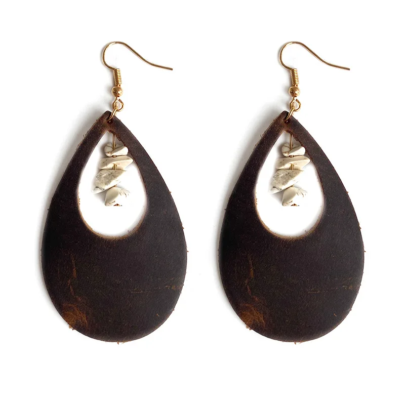 Bohemian Lightweight Leather Dangle Earrings for Women Dark brown Teardrop Earrings