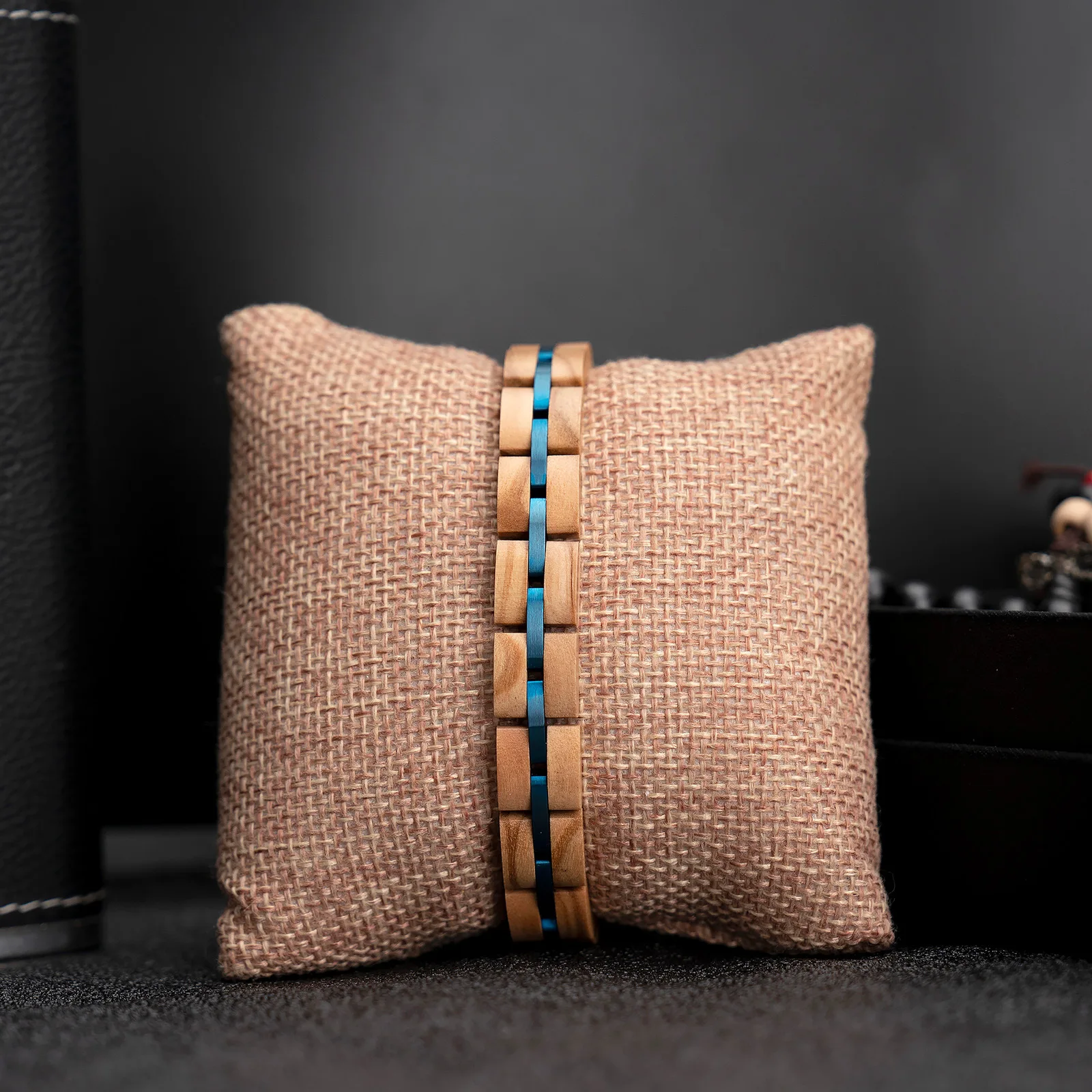 New Arrival Customized Engraved Your Logo IP Blue 316L Stainless Steel and Olive Wood Bracelets for Women